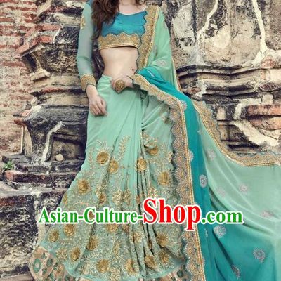 Asian India Traditional Court Princess Embroidered Green Sari Dress Indian Bollywood Bride Costume Complete Set for Women