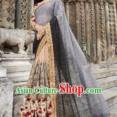 Asian India Traditional Court Princess Embroidered Champagne Sari Dress Indian Bollywood Bride Costume Complete Set for Women
