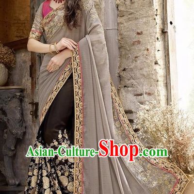 Asian India Traditional Court Princess Embroidered Brown Sari Dress Indian Bollywood Bride Costume for Women