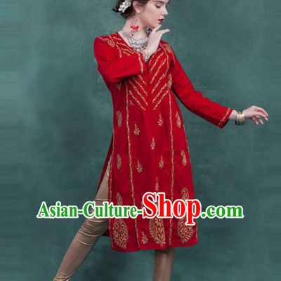 South Asian India Traditional Red Dress Costume Asia Indian National Punjabi Suit for Women