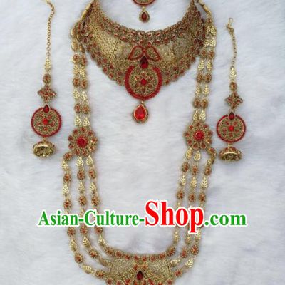 South Asian India Traditional Red Crystal Jewelry Accessories Indian Bollywood Necklace Earrings Hair Clasp for Women