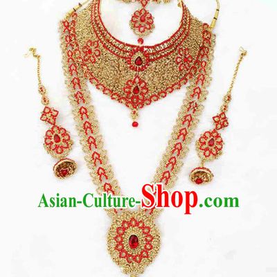 South Asian India Traditional Jewelry Accessories Indian Bollywood Red Crystal Necklace Earrings Hair Clasp for Women