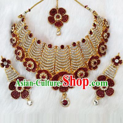 South Asian India Traditional Jewelry Accessories Indian Bollywood Wine Red Crystal Necklace Earrings Hair Clasp for Women