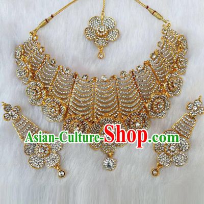 South Asian India Traditional Jewelry Accessories Indian Bollywood Crystal Necklace Earrings Hair Clasp for Women