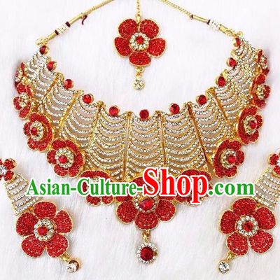 South Asian India Traditional Jewelry Accessories Indian Bollywood Red Crystal Necklace Earrings Hair Clasp for Women