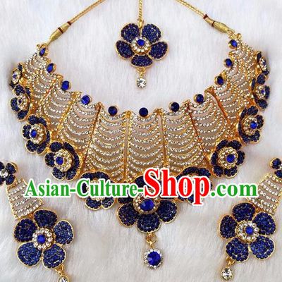 South Asian India Traditional Jewelry Accessories Indian Bollywood Blue Crystal Necklace Earrings Hair Clasp for Women