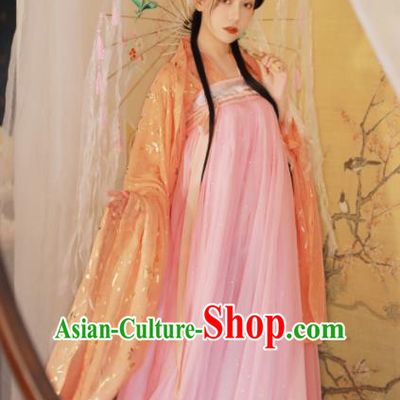 Ancient Chinese Tang Dynasty Peri Princess Historical Costume Traditional Court Pink Hanfu Dress for Women