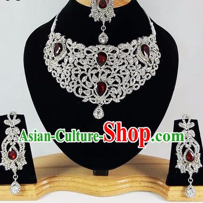 Indian Traditional Bollywood Court Zircon Necklace Earrings and Eyebrows Pendant India Princess Jewelry Accessories for Women