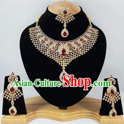 Traditional Indian Bollywood Crystal Golden Necklace Earrings and Eyebrows Pendant India Princess Jewelry Accessories for Women
