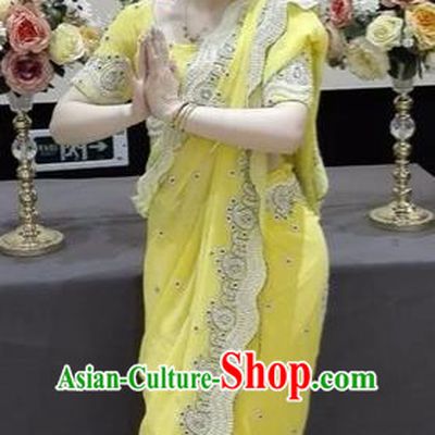 Indian Traditional Bollywood Yellow Sari Dress Asian India Royal Princess Embroidered Costume for Women
