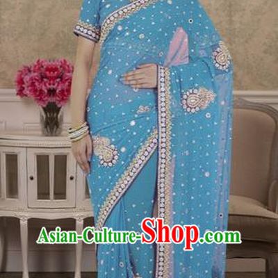 Indian Traditional Bollywood Blue Veil Sari Dress Asian India Royal Princess Embroidered Costume for Women