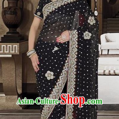 Indian Traditional Bollywood Court Black Sari Dress Asian India Royal Princess Costume for Women
