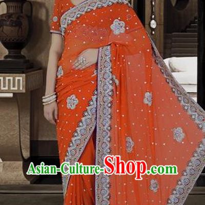 Indian Traditional Bollywood Court Orange Sari Dress Asian India Royal Princess Costume for Women