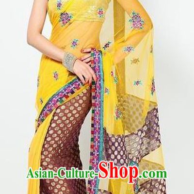 Indian Traditional Wedding Bride Yellow Sari Dress Asian India Bollywood Costume for Women