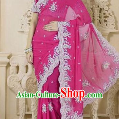 Indian Traditional Bollywood Court Rosy Sari Dress Asian India Royal Princess Costume for Women