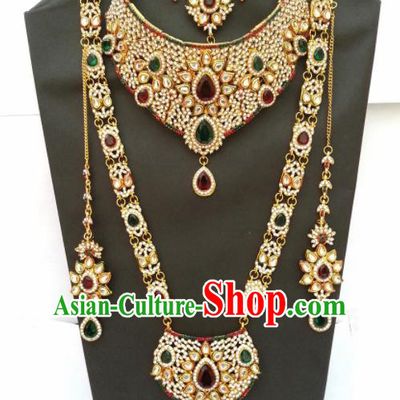 Traditional Indian Jewelry Accessories Bollywood Princess Colorful Crystal Necklace Earrings and Hair Clasp for Women