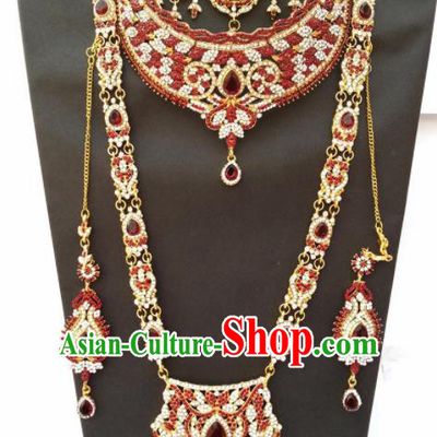 Traditional Indian Jewelry Accessories Bollywood Princess Red Crystal Necklace Earrings and Hair Clasp for Women