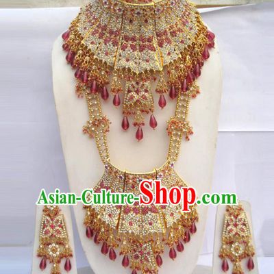 Traditional Indian Jewelry Accessories Bollywood Princess Rosy Tassel Necklace Earrings and Hair Clasp for Women