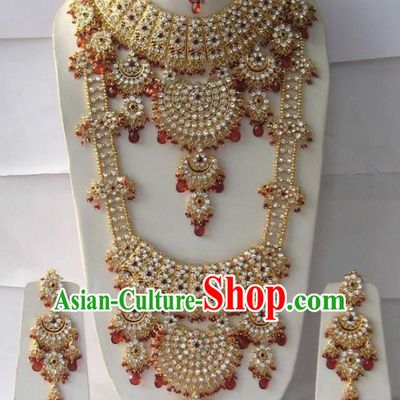 Traditional Indian Wedding Jewelry Accessories Bollywood Red Beads Necklace Earrings and Hair Clasp for Women