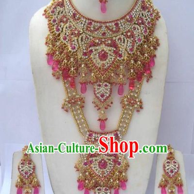 Traditional Indian Wedding Jewelry Accessories Bollywood Rosy Necklace Earrings and Hair Clasp for Women