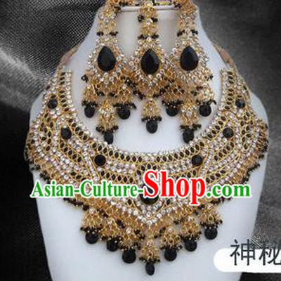 Traditional Indian Wedding Accessories Bollywood Black Crystal Necklace Earrings and Hair Clasp for Women