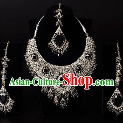 Traditional Indian Wedding Accessories Bollywood Princess Black Crystal Golden Necklace Earrings and Hair Clasp for Women