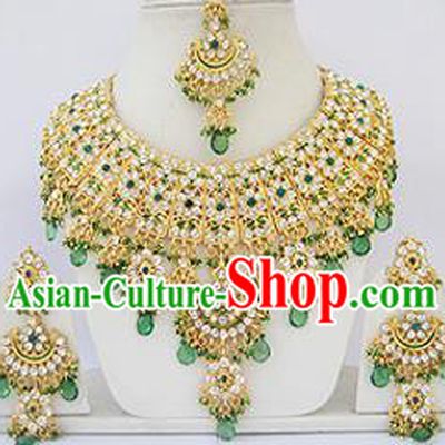 Traditional Indian Wedding Accessories Bollywood Princess Green Beads Necklace Earrings and Hair Clasp for Women