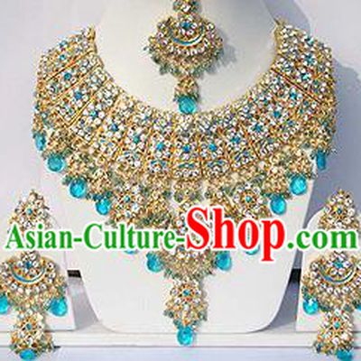 Traditional Indian Wedding Accessories Bollywood Princess Blue Beads Necklace Earrings and Hair Clasp for Women