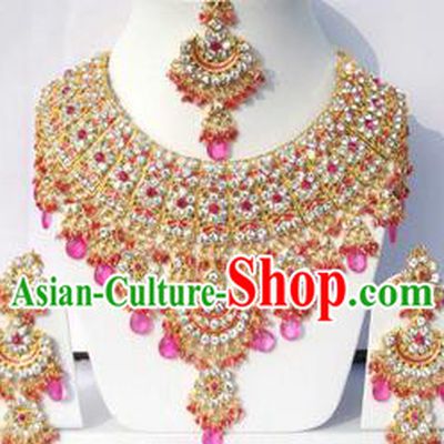 Traditional Indian Wedding Accessories Bollywood Princess Pink Beads Necklace Earrings and Hair Clasp for Women