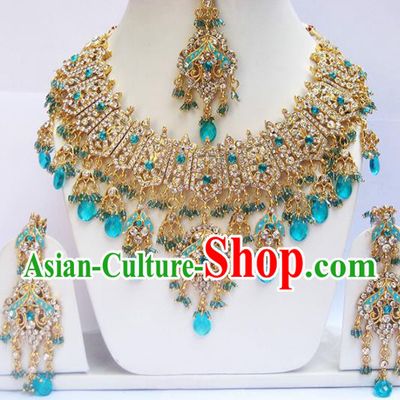 Traditional Indian Wedding Blue Beads Accessories Bollywood Princess Necklace Earrings and Hair Clasp for Women