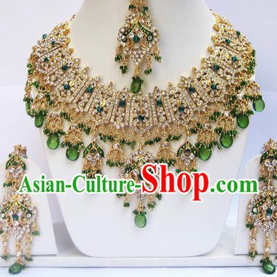 Traditional Indian Wedding Green Beads Accessories Bollywood Princess Necklace Earrings and Hair Clasp for Women