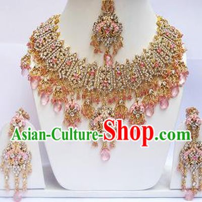 Traditional Indian Wedding Pink Beads Accessories Bollywood Princess Necklace Earrings and Hair Clasp for Women