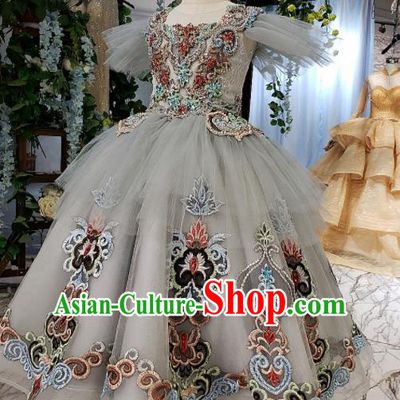 Top Grade Customize Embroidered Grey Veil Full Dress Court Princess Waltz Dance Costume for Women