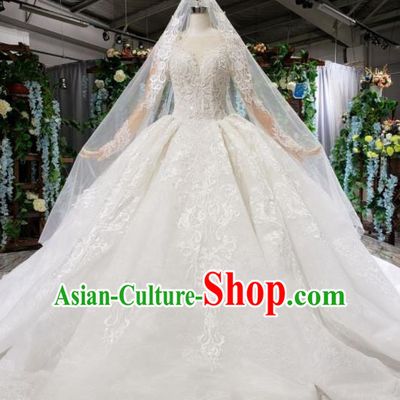 Top Grade Customize Bride White Lace Trailing Full Dress Court Princess Wedding Costume for Women