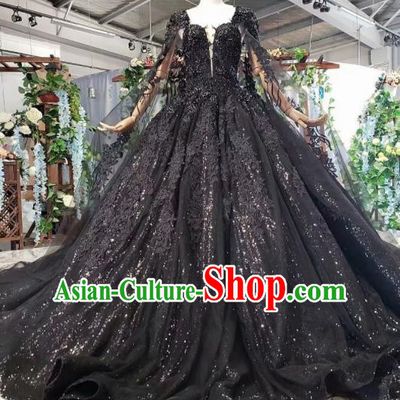 Top Grade Customize Embroidered Black Lace Full Dress Court Princess Waltz Dance Costume for Women