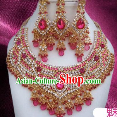 Traditional Indian Wedding Accessories Bollywood Pink Crystal Necklace Earrings and Hair Clasp for Women