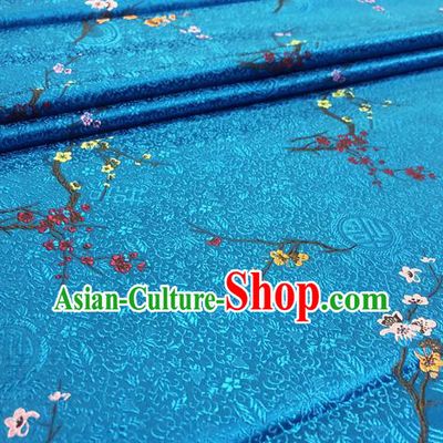Chinese Traditional Hanfu Silk Fabric Classical Plum Blossom Pattern Design Blue Brocade Tang Suit Fabric Material