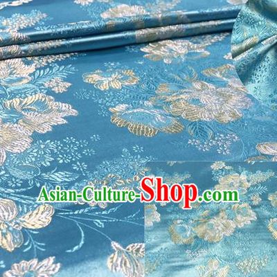 Chinese Traditional Hanfu Silk Fabric Classical Peony Pattern Design Blue Brocade Tang Suit Fabric Material
