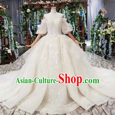 Top Grade Customize Bride Embroidered Off Shoulder White Veil Trailing Full Dress Court Princess Wedding Costume for Women