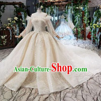 Handmade Customize Bride Embroidered Beige Trailing Full Dress Court Princess Wedding Costume for Women