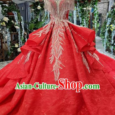 Top Grade Customize Embroidered Red Trailing Full Dress Court Princess Waltz Dance Costume for Women