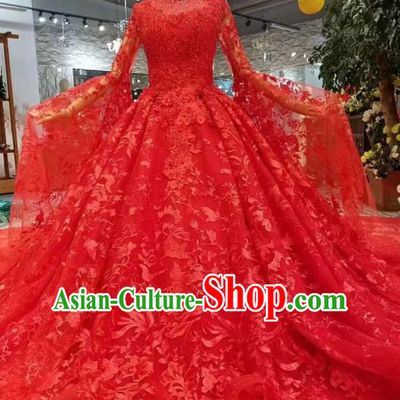 Chinese Customize Court Embroidered Red Lace Trailing Wedding Dress Top Grade Bride Costume for Women