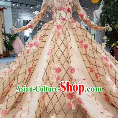 Top Grade Customize Catwalks Beige Veil Full Dress Court Princess Waltz Dance Costume for Women