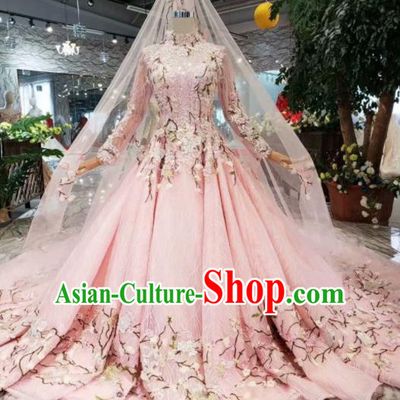 Top Grade Customize Catwalks Embroidered Pink Full Dress Court Princess Waltz Dance Costume for Women