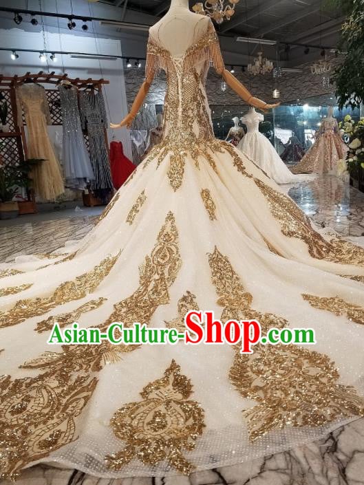 Customize Handmade Princess Golden Paillette Mermaid Dress Wedding Court Bride Costume for Women Customize Handmade Princess Golden Paillette Mermaid Dress Wedding Court Bride Costume for Women