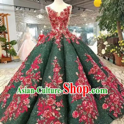 Top Grade Customize Catwalks Embroidered Atrovirens Full Dress Court Princess Waltz Dance Costume for Women