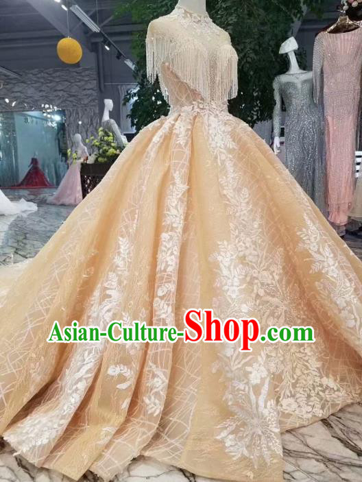 Customize Handmade Princess Champagne Trailing Dress Wedding Court Bride Costume for Women Customize Handmade Princess Champagne Trailing Dress Wedding Court Bride Costume for Women