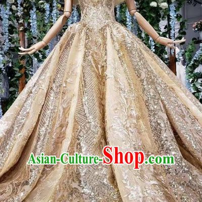 Top Grade Customize Embroidered Golden Trailing Full Dress Court Princess Waltz Dance Costume for Women