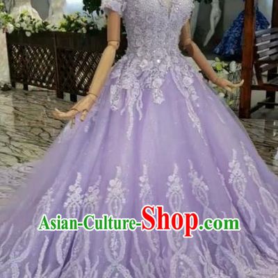 Customize Embroidered Lilac Veil Trailing Full Dress Top Grade Court Princess Waltz Dance Costume for Women