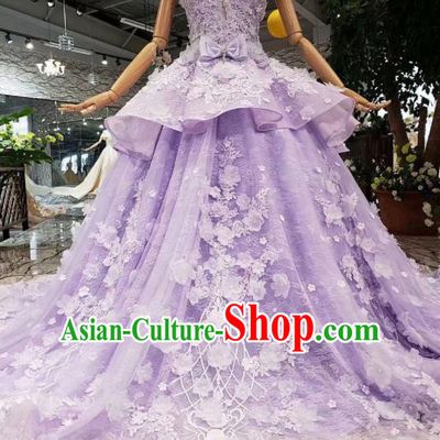 Customize Embroidered Lilac Trailing Full Dress Top Grade Court Princess Waltz Dance Costume for Women